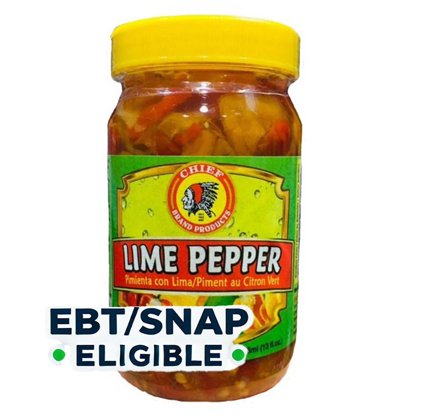 A jar of Chief Lime Pepper chunks, 12oz, with a yellow label and a green lid.