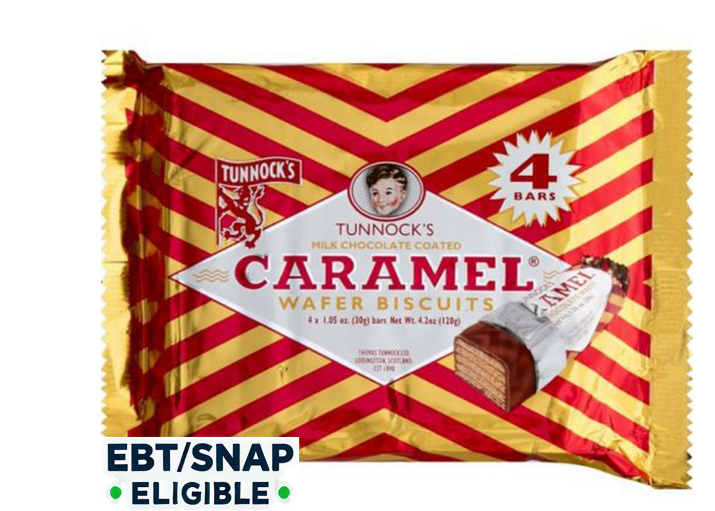 Tunnock's Wafer Biscuits, Caramel, Milk Chocolate Coated 4 wafers per pack